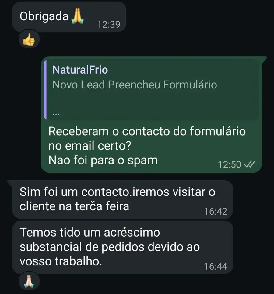 Conversa de WhatsApp com a NaturalFrio: um lead novo chegou pelo formulário do site e a empresa confirma que os pedidos aumentaram.